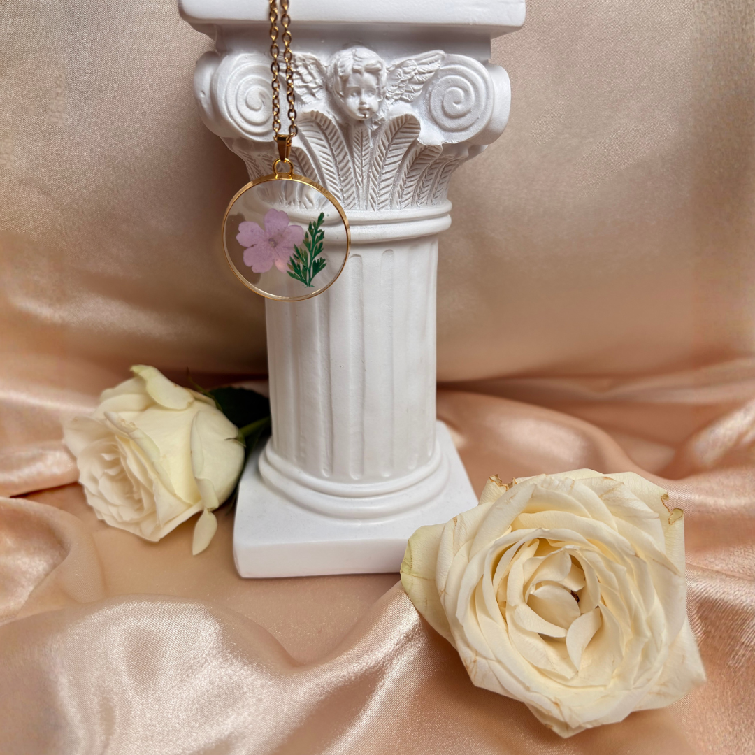May resin preserved flower 18k gold plated necklace