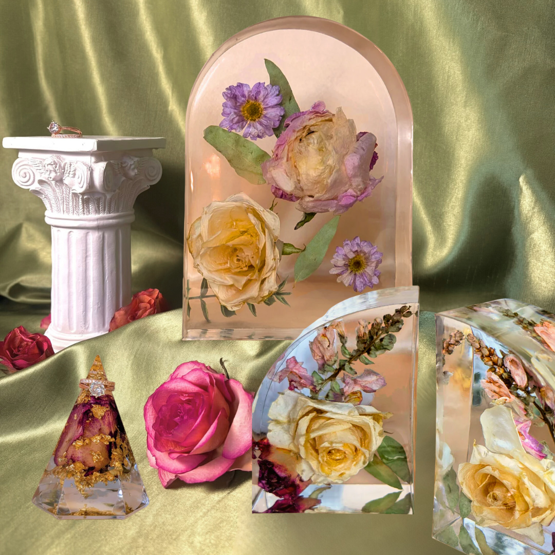 Preserve your wedding bouquet in the UK with our resin preservation package with Your Chapter Set| A set of preserved keepsakes including a ring holder, arch piece and two bookends.