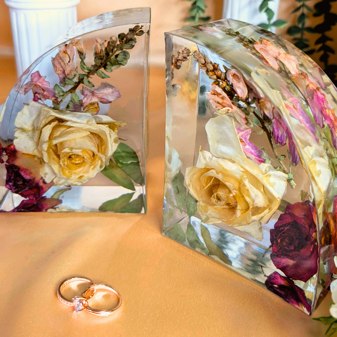 Preserve your wedding bouquet with our beautiful bespoke floral set of two book ends made with your special bouquet.